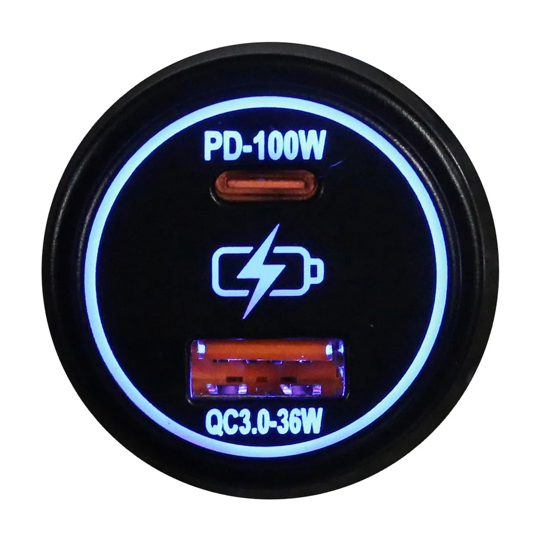 RS51927B – RACESPORT LT USB Outlet, Vehicle Use Wired USB-A 36 Watt/ USB-C 100 Watt With Blue Indigo LED IP66 Waterpr...